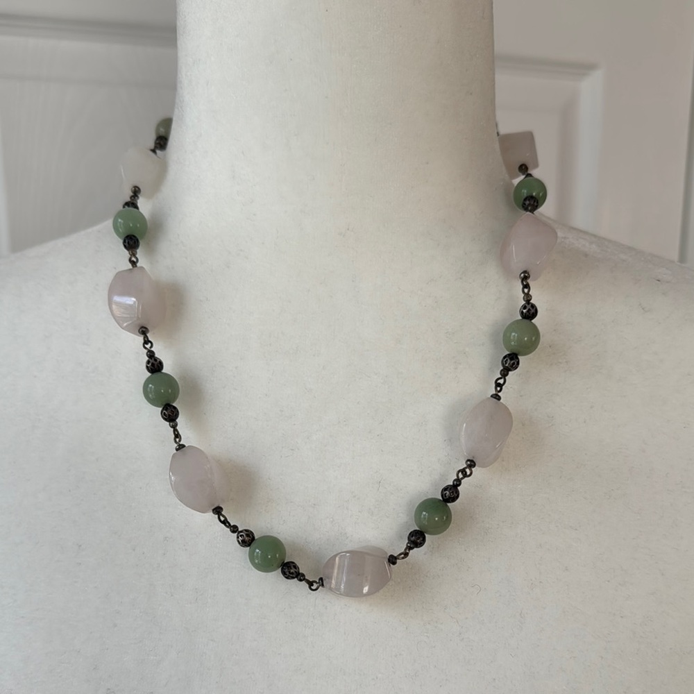 Elegant Green and Pink Beaded Necklace w/ Matching Bracelet & Earrings